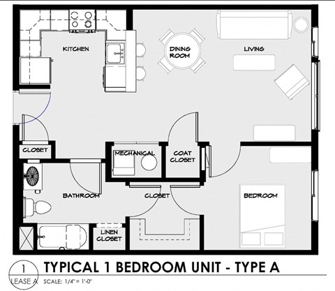 Floor plan for 1 bed, 1 bath, 676 sqft
